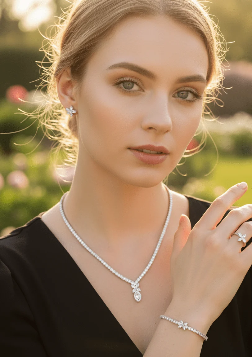 4-Piece Floral Crystal Jewelry Set with Necklace, Earrings, Bracelet & Ring