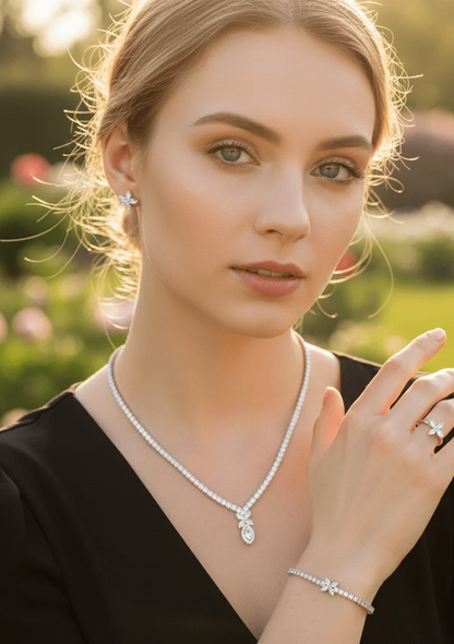 4-Piece Floral Crystal Jewelry Set with Necklace, Earrings, Bracelet & Ring
