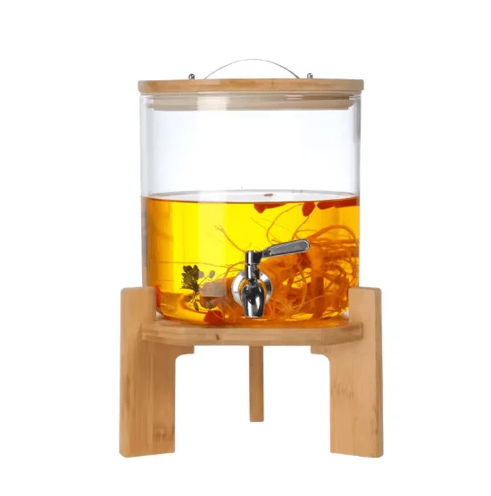 3L Glass Beverage Dispenser with Wooden Stand & Stainless Steel Tap