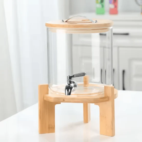 3L Glass Beverage Dispenser with Wooden Stand & Stainless Steel Tap