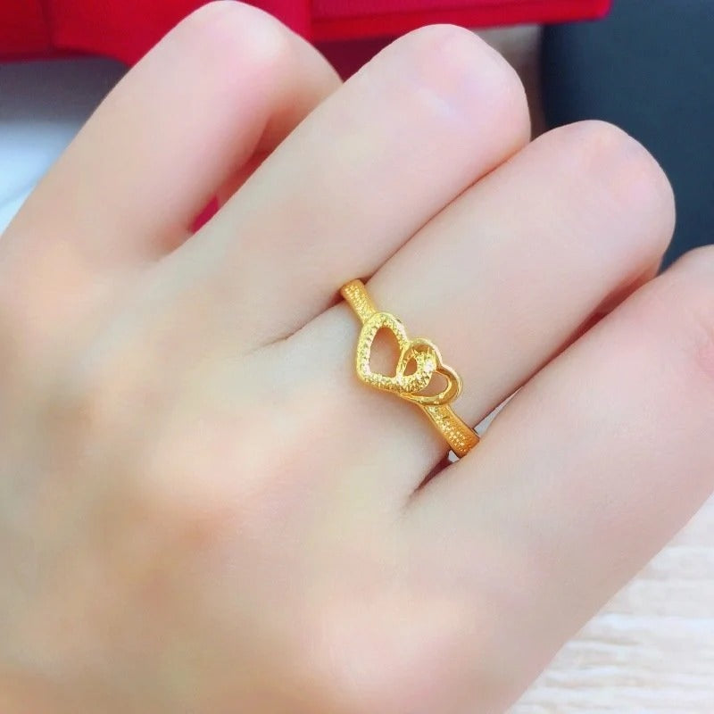 Gold-Plated Double Heart Adjustable Ring for Women