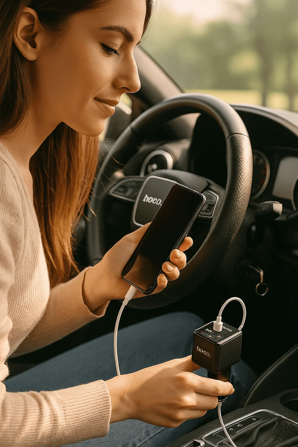 Hoco 4-in-1 80W Car Charger with Retractable Cables & Smart Display