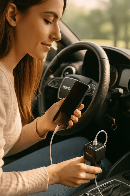 Hoco 4-in-1 80W Car Charger with Retractable Cables & Smart Display