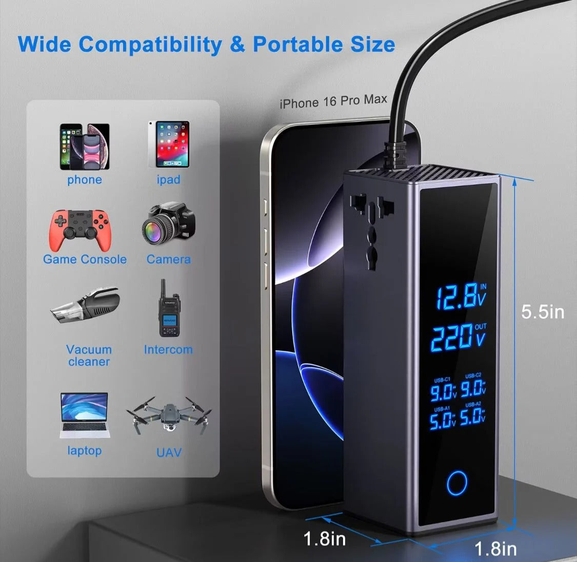 300W Car Power Inverter with Dual PD Type-C & QC3.0 USB