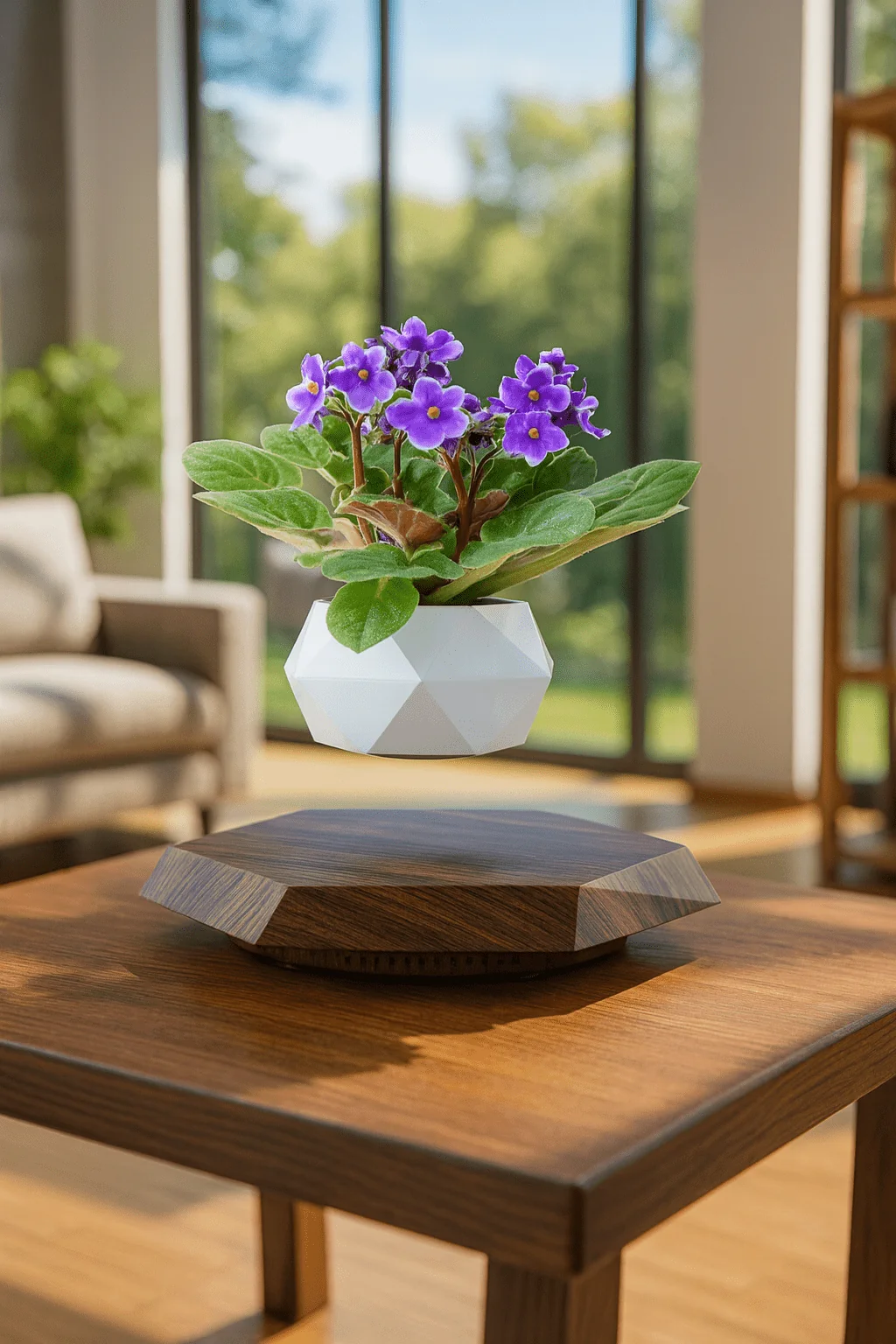 Levitating Floating Flower Pot with Wood-Base Design