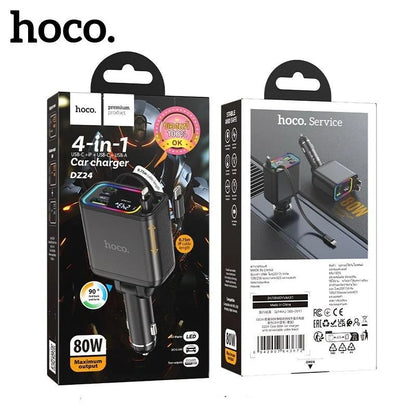 Hoco 4-in-1 80W Car Charger with Retractable Cables & Smart Display