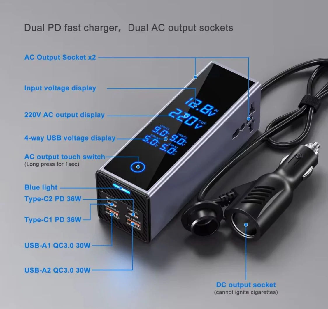 300W Car Power Inverter with Dual PD Type-C & QC3.0 USB