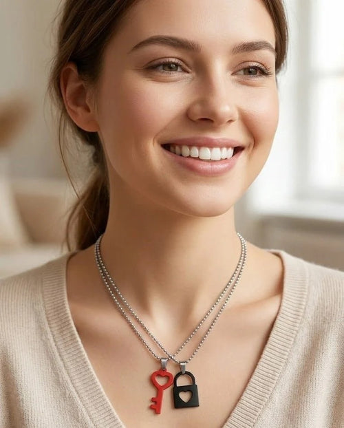 Romantic Key & Heart Lock Couple Necklace Set