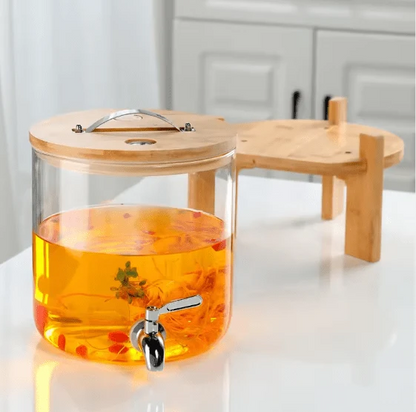 3L Glass Beverage Dispenser with Wooden Stand & Stainless Steel Tap