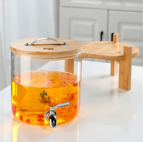 3L Glass Beverage Dispenser with Wooden Stand & Stainless Steel Tap