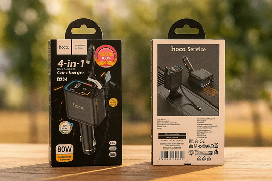 Hoco 4-in-1 80W Car Charger with Retractable Cables & Smart Display