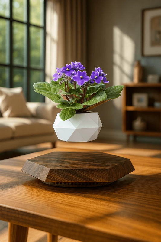 Levitating Floating Flower Pot with Wood-Base Design